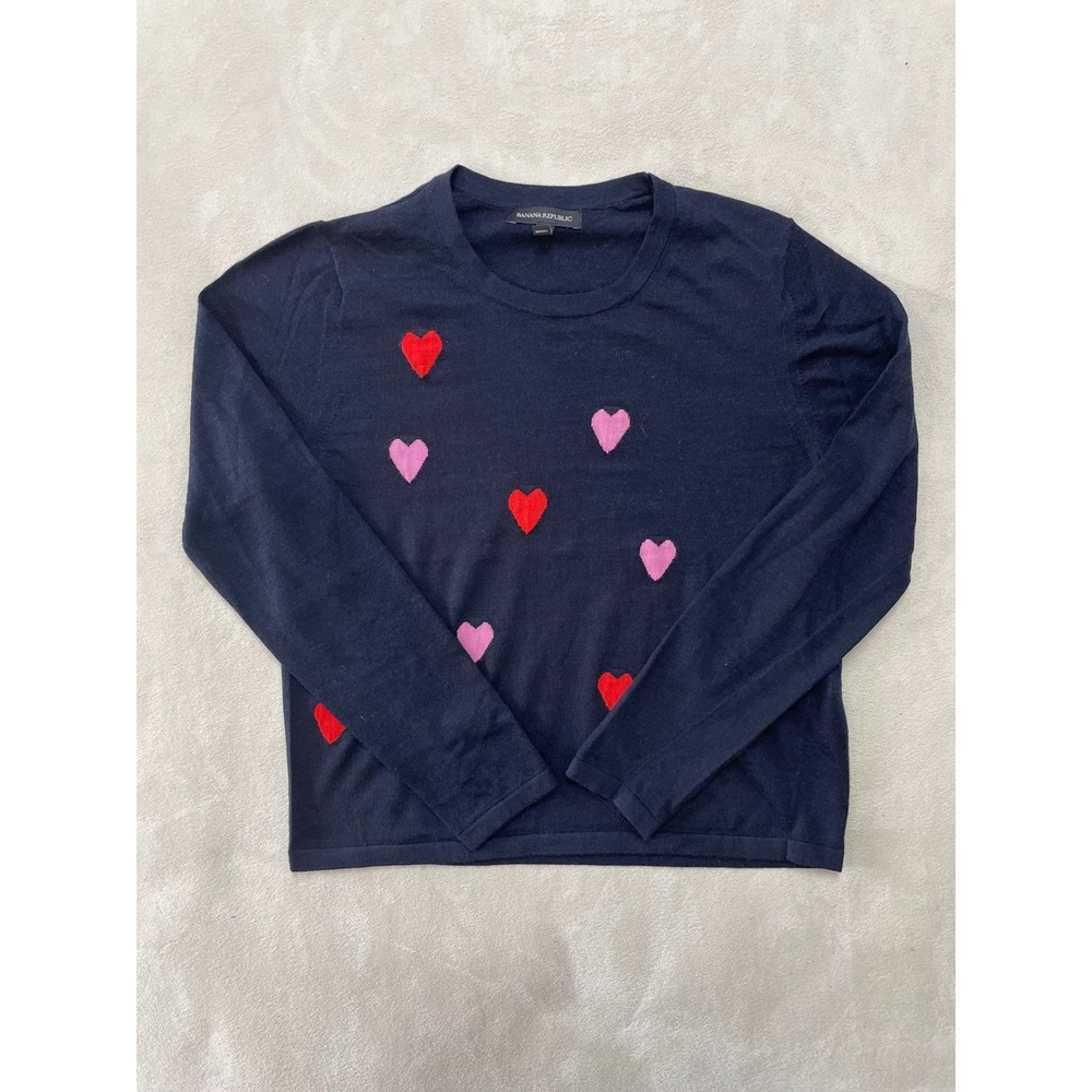 Banana Republic Navy Blue Merino Wool Heart Sweater Womens Large Red Pink Heart